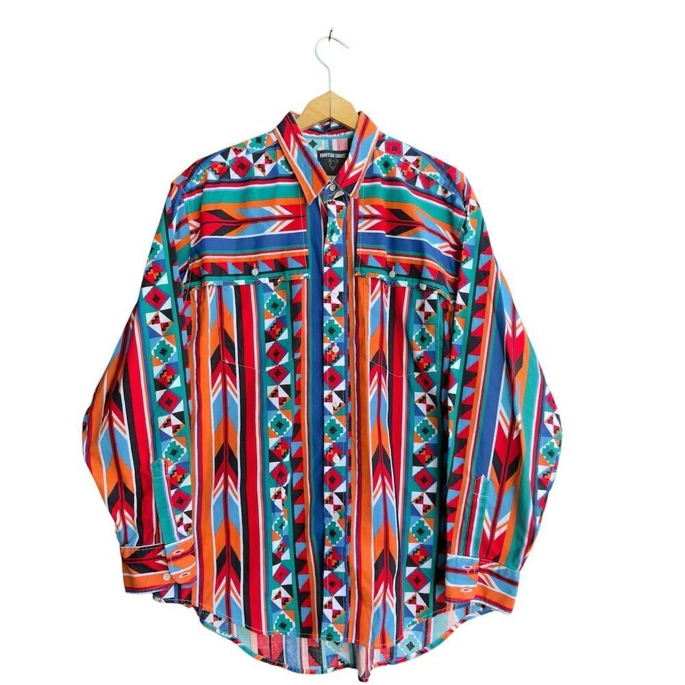 VTG Wrangler Frontier Series Aztec Western Shirt Men's XL Multicolor Southwest